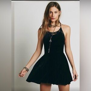 Free People Black Velvet Halter Dress with Lace Trim - Women's Dress